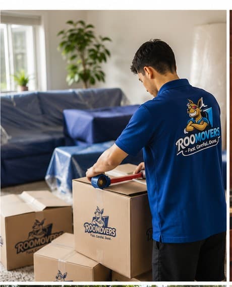 Mover sealing a cardboard box with protective wrap in the living room