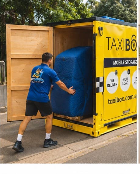 Mover loading items into a mobile storage unit