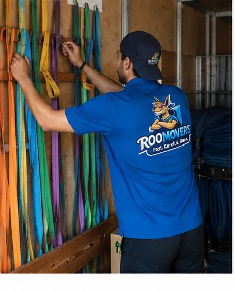 Roomovers crew preparing lifting straps inside the moving truck